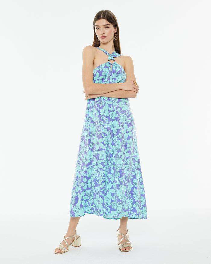 system action Vestido largo de fiesta estampado floral grande