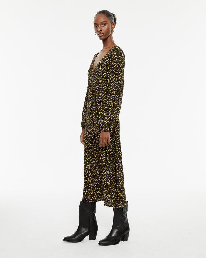 System Action Vestido Largo Estampado Floral Con Frunce En El Escote