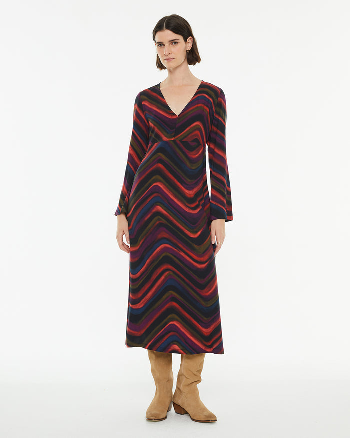 system action Vestido midi estampado ondas multicolor
