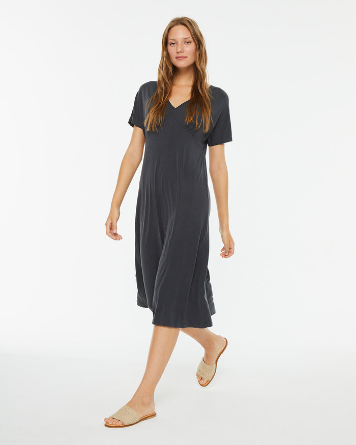 System Action Vestido Midi Manga Corta Con Frunce En Pecho