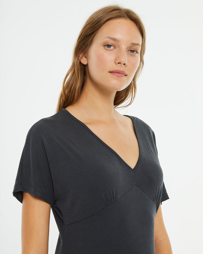 System Action Vestido Midi Manga Corta Con Frunce En Pecho