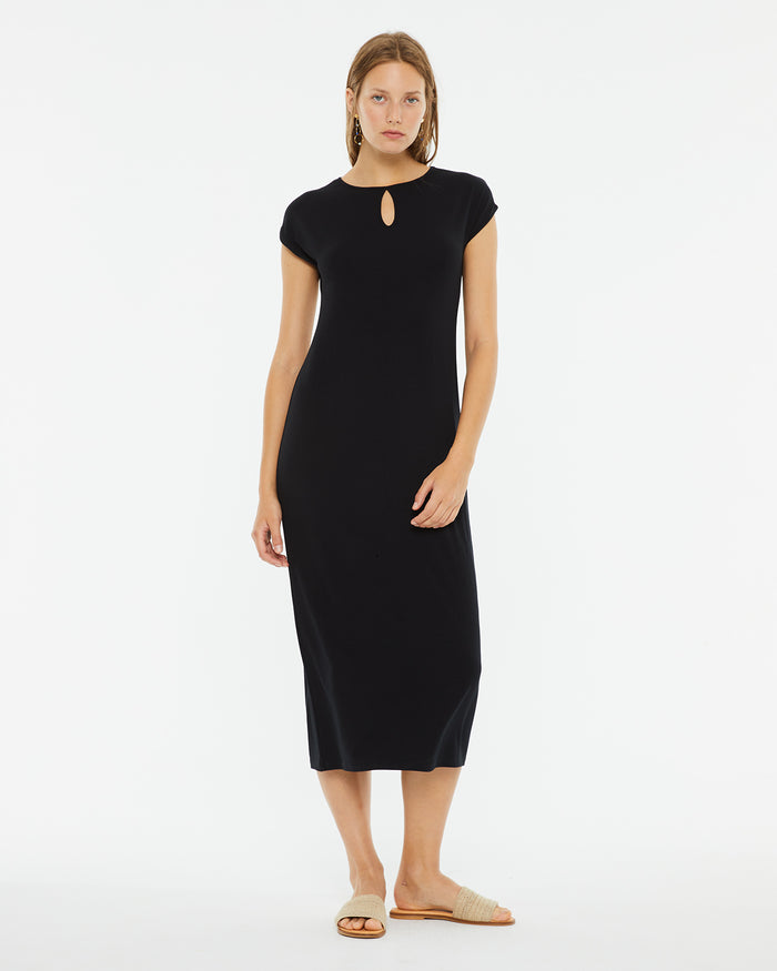 system action Vestido midi manga corta detalle cut out escote