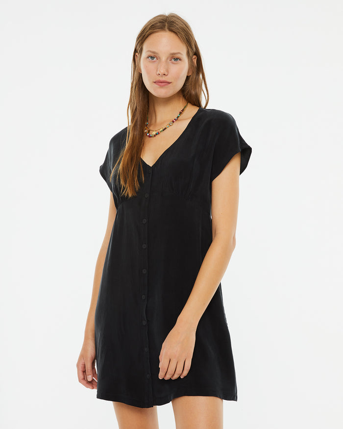 System Action Vestido Negro Corto Cuello Pico Y Botones