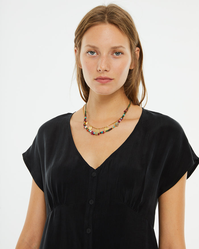 System Action Vestido Negro Corto Cuello Pico Y Botones