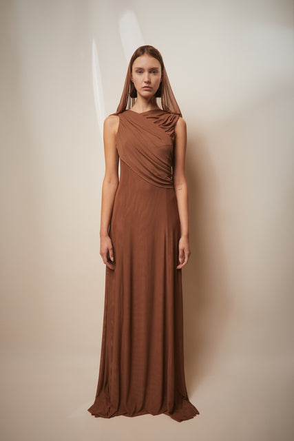 Teresa Helbig Vestido Drapeado Capucha Terracota