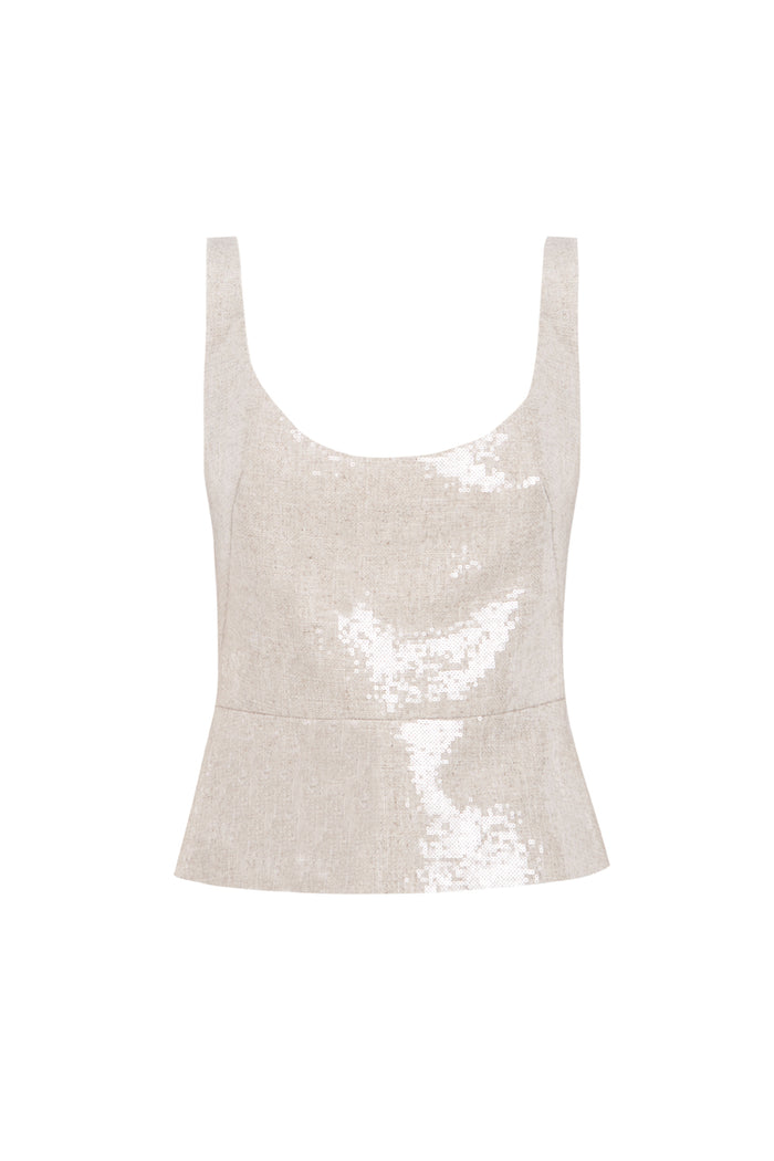 The 2nd Skin Co. Top De Lino Con Lentejuelas Y Falda Midi De Tafetán