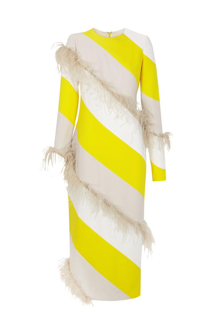 the 2nd skin co. Vestido bicolor de manga larga con aplicaciones de plumas