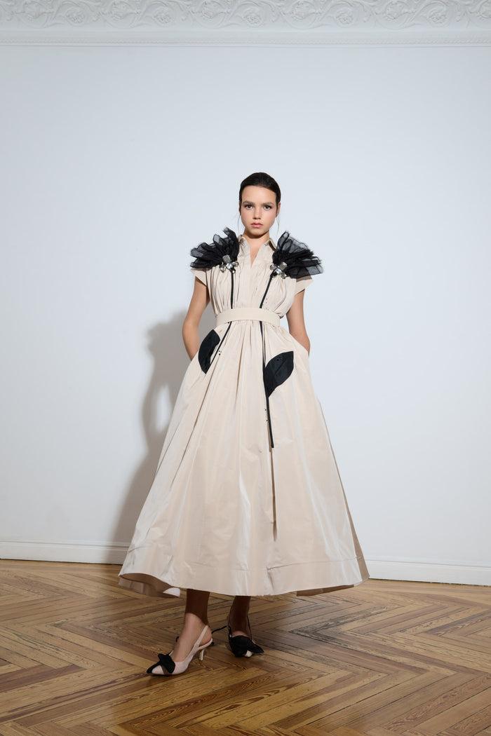 the 2nd skin co. Vestido camisero midi de organza y tafetán con aplicaciones florales