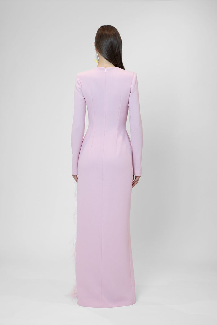 The 2nd Skin Co. Vestido Largo Con Abertura Lateral Con Plumas