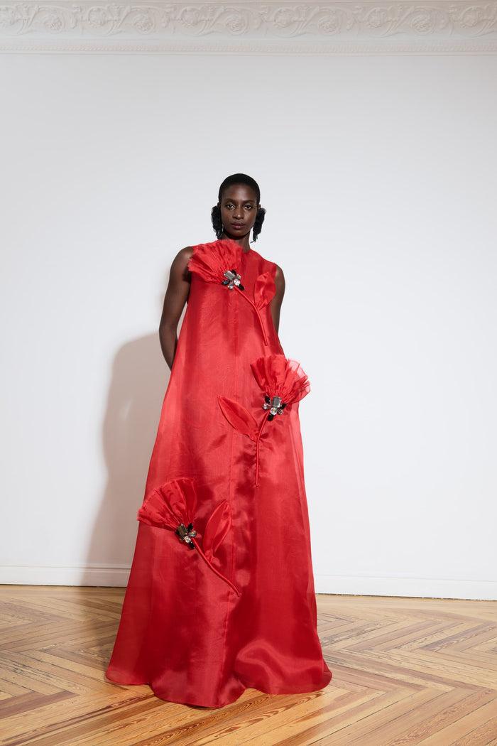 the 2nd skin co. Vestido largo de organza con aplicaciones florales