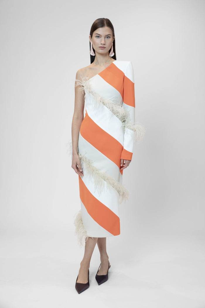 The 2nd Skin Co. Vestido Midi Con Plumas Y Manga Asimétrica