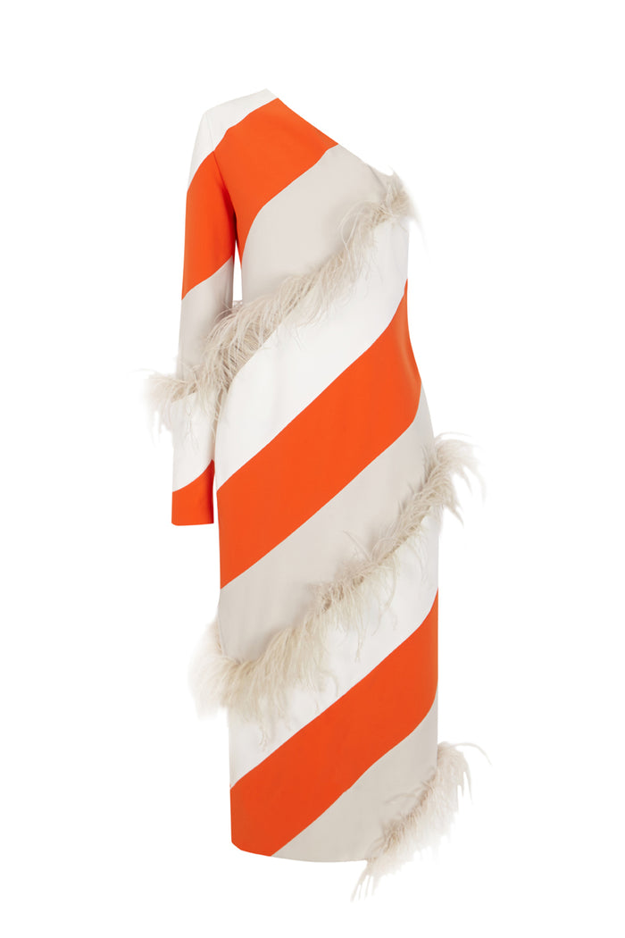 the 2nd skin co. Vestido midi con plumas y manga asimétrica