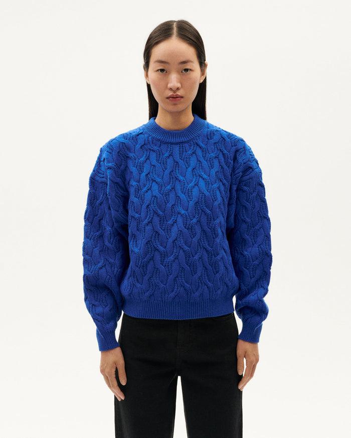 thinking mu Jersey azul trenzado lana Carmen