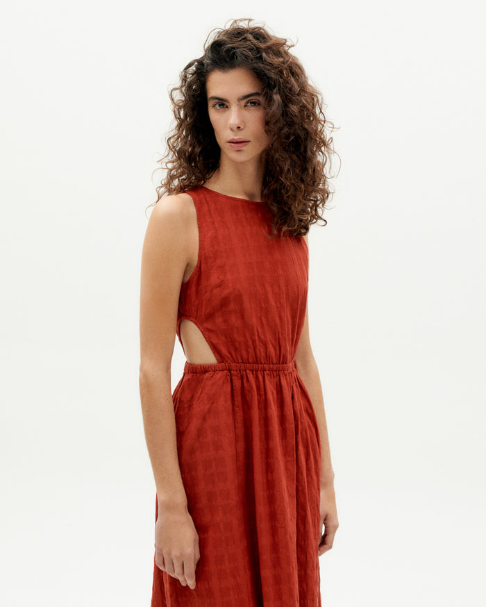 Thinking Mu Vestido Rojo Cuadrito Kin Cut Out