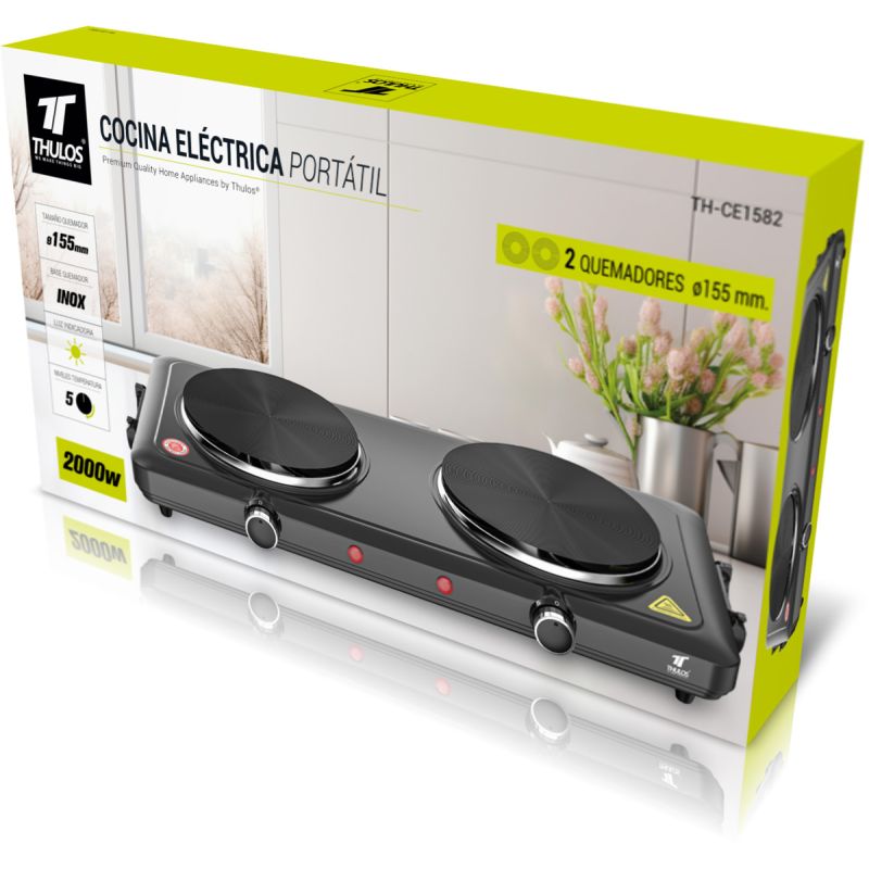 Thulos Cocina Eléctrica Portátil 2 Quemadores (1000W+1000W). THULOS TH-CE1582