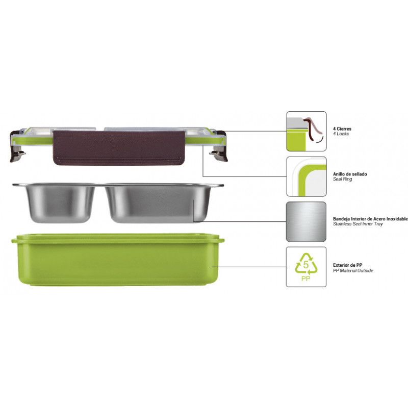 Thulos Fiambrera De 750ml Con Bandeja Interior De Acero Inoxidable De 2 Compartimentos. THULOS TH-LB75