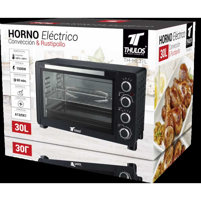 Thulos Horno Eléctrico Convección Y Rustipollo 30 Litros 1500W. TH-HE31L