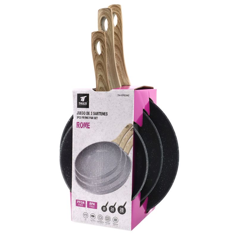 thulos Juego de 3 sartenes Ø20 Ø24 Y Ø28 cm. Aptas para todo tipo de cocinas. THULOS TH-FPS342 ROME