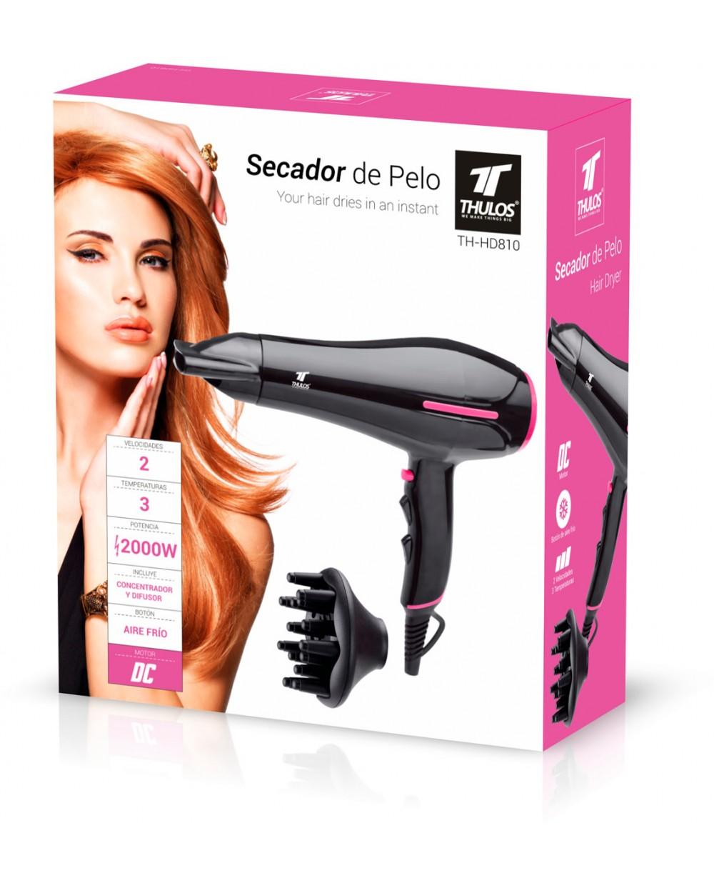 Thulos Secador De Pelo 2 Velocidades 3 Temperaturas 2000W Con Difusor Y Concetrador. THULOS TH-HD810
