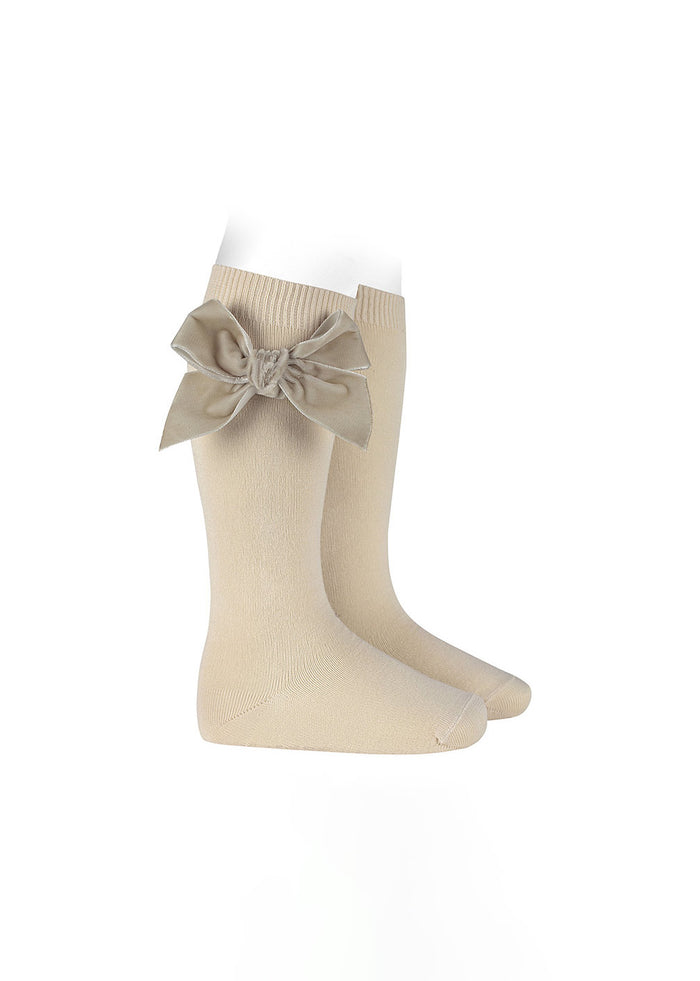 Tiamia Calcetas Altas Punto Liso Con Lazo De Terciopelo