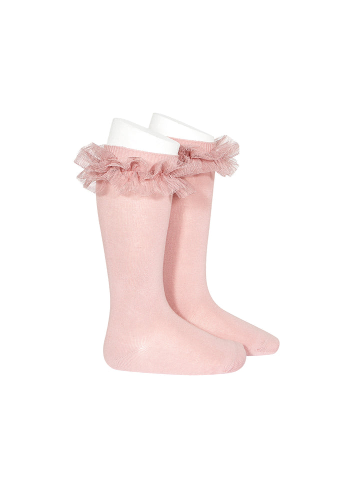 Tiamia Calcetas Altas Punto Liso Con Tira Tul Fruncido