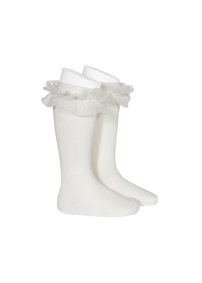 Tiamia Calcetas Altas Punto Liso Con Tira Tul Fruncido