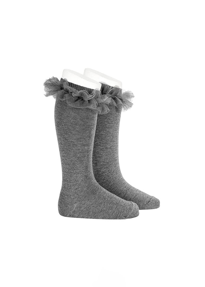 tiamia Calcetas altas punto liso con tira tul fruncido