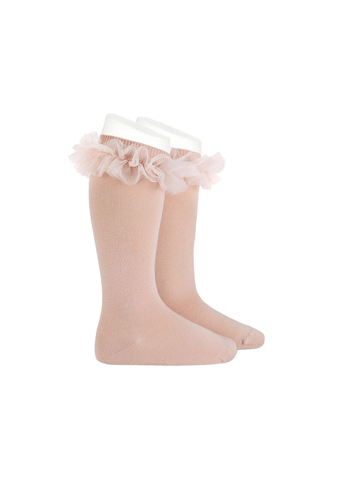 Tiamia Calcetas Altas Punto Liso Con Tira Tul Fruncido