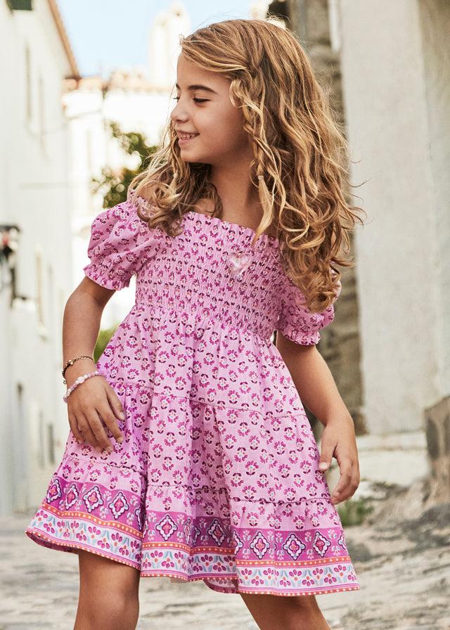 tiamia Vestido estampado cenefa nido de abeja niña