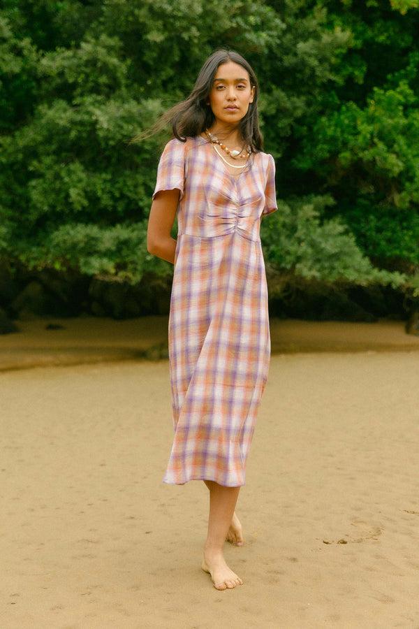 Triana By C VESTIDO SOLIN cuadro malva mandarina