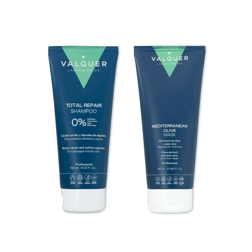 valquer laboratorios Pack Champú y Mascarilla Capilar de Oliva Reparación Total - 180 ml + 180 ml