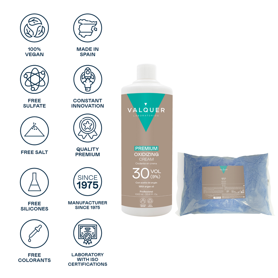 Valquer Laboratorios Pack Deco – Oxidante Premium Ultra-Cremoso 30 Vol (9%) 1000 Ml + Decoblue Polvos Decolorantes