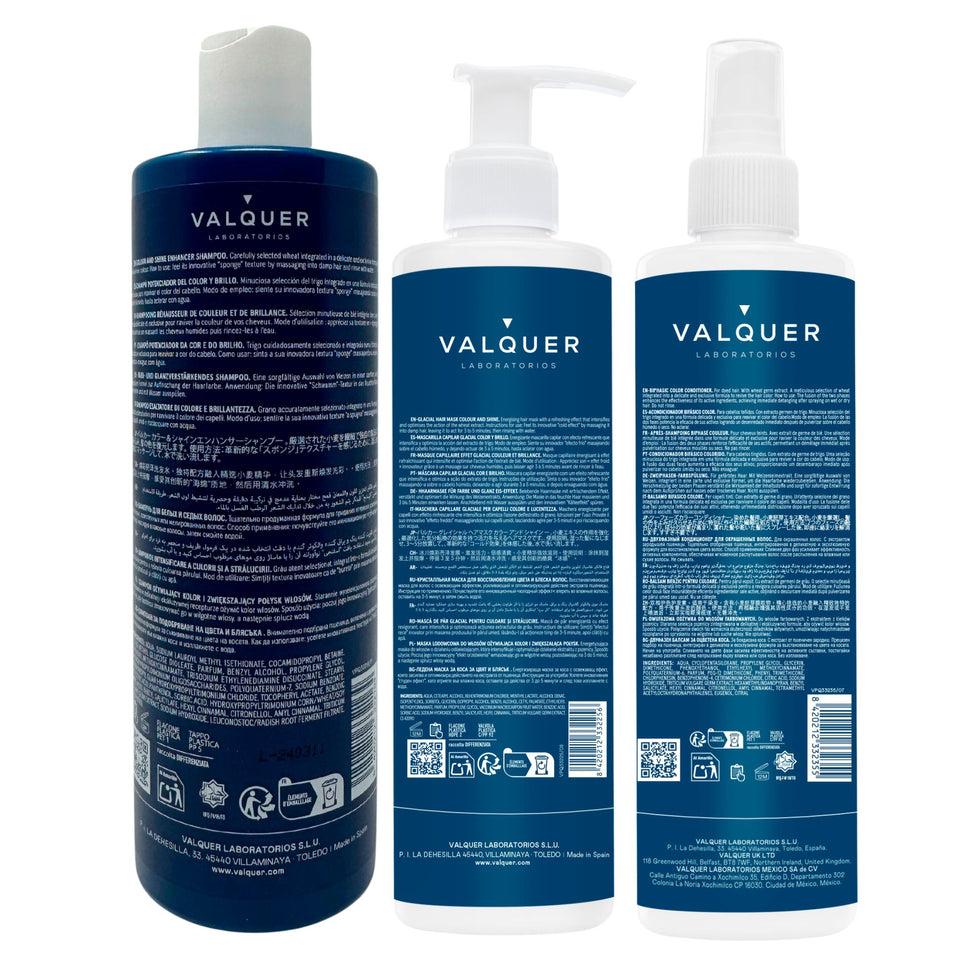 Valquer Laboratorios Pack Potenciador Color Y Brillo Para Cabellos Teñidos - Champú Mascarilla Y Acondicionador Bifásico - 1000 Ml