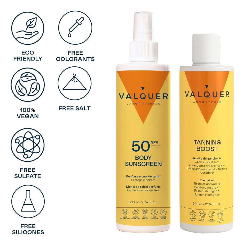 Valquer Laboratorios Pack Solar Corporal SPF 50 Y Crema Hidratante Aceleradora Del Bronceado - 600 Ml