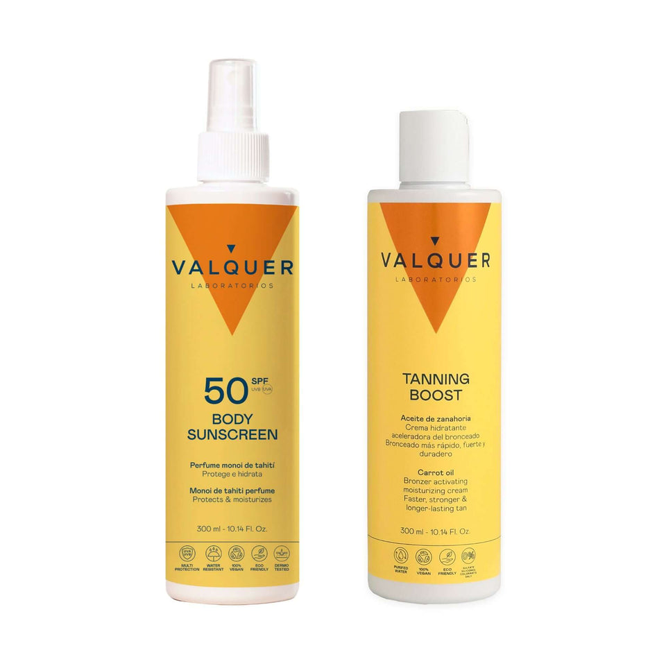 valquer laboratorios Pack Solar Corporal SPF 50 y Crema Hidratante Aceleradora del Bronceado - 600 ml