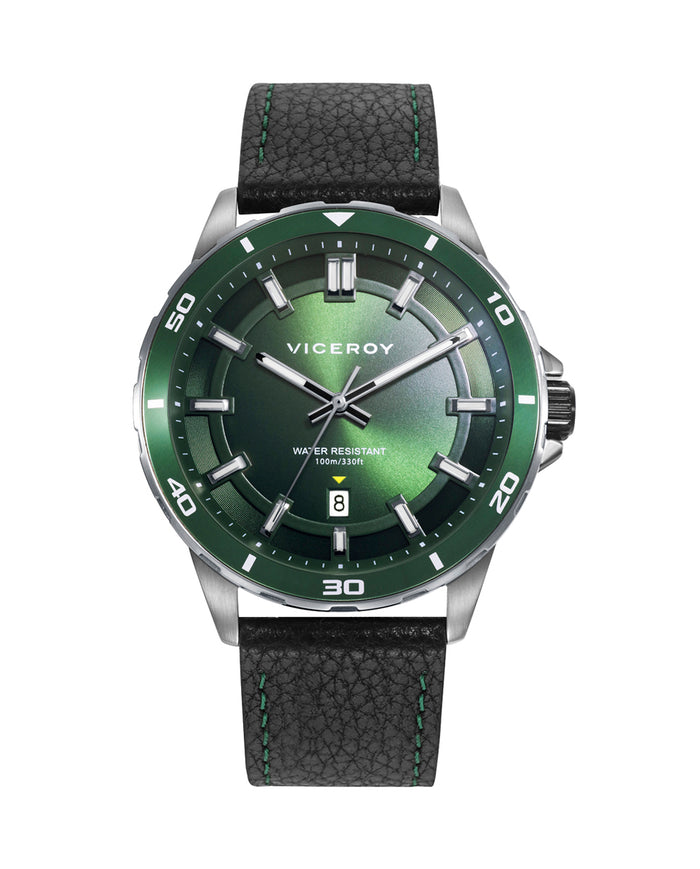 viceroy Pack reloj con pulsera caja de acero con bisel de aluminio verde 10 atm y correa de piel negra con movimiento cuarzo