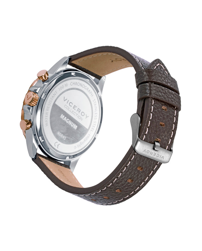 Viceroy Reloj Caja Bicolor De Acero E Ip Rosa Con Bisel De Aluminio Azul 10 Atm Y Correa De Piel Marron Con Movimiento Cuarzo