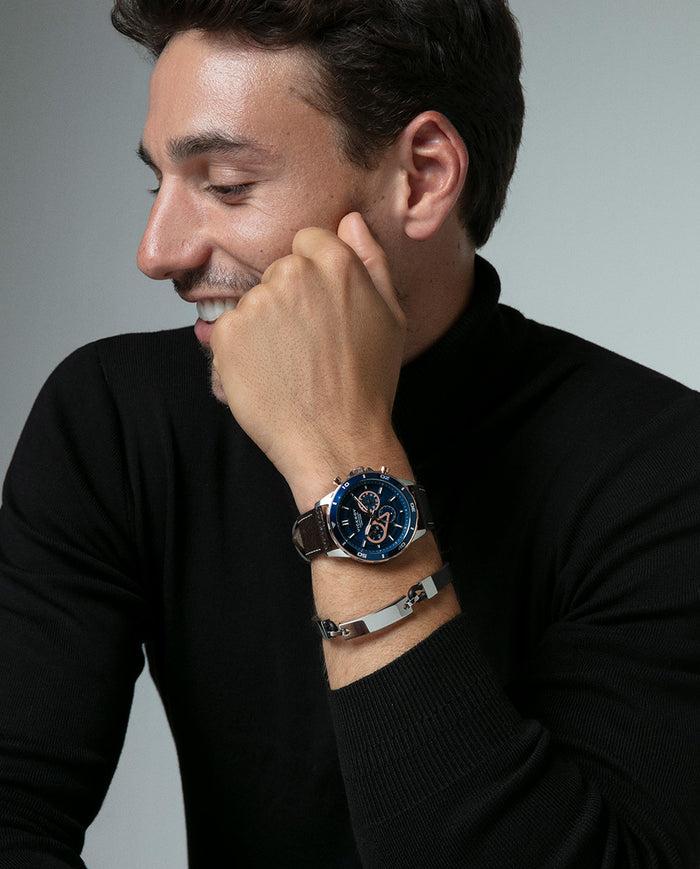 Viceroy Reloj Caja Bicolor De Acero E Ip Rosa Con Bisel De Aluminio Azul 10 Atm Y Correa De Piel Marron Con Movimiento Cuarzo