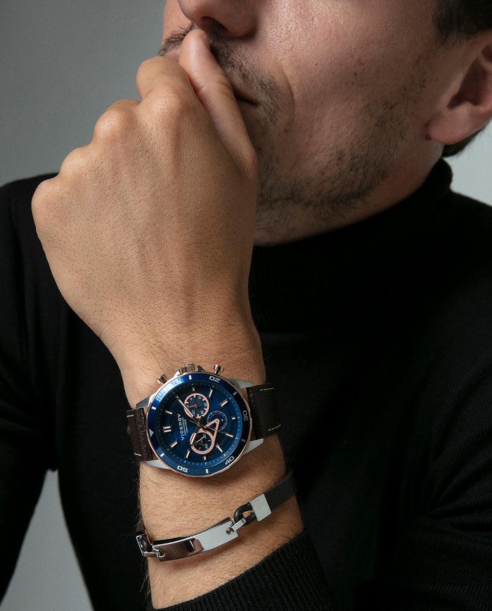 Viceroy Reloj Caja Bicolor De Acero E Ip Rosa Con Bisel De Aluminio Azul 10 Atm Y Correa De Piel Marron Con Movimiento Cuarzo