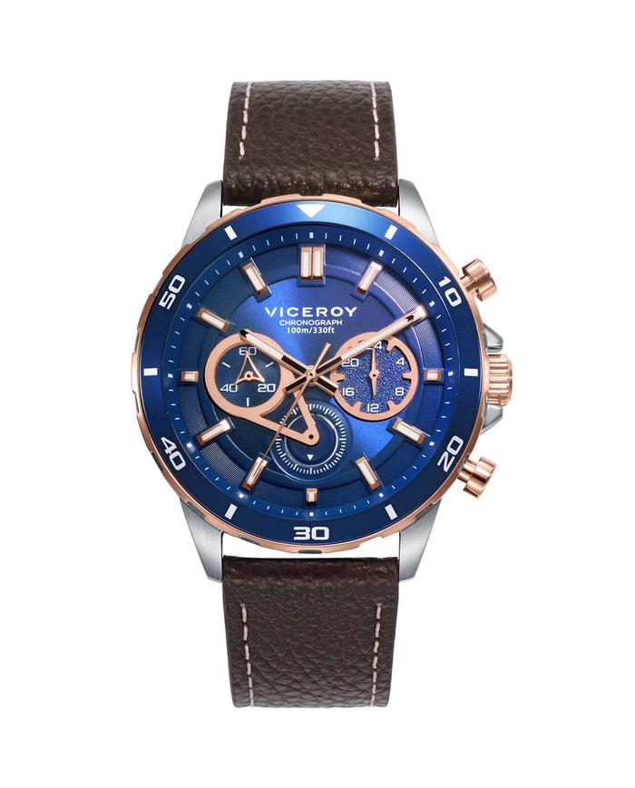 viceroy Reloj caja bicolor de acero e Ip rosa con bisel de aluminio azul 10 atm y correa de piel marron con movimiento cuarzo