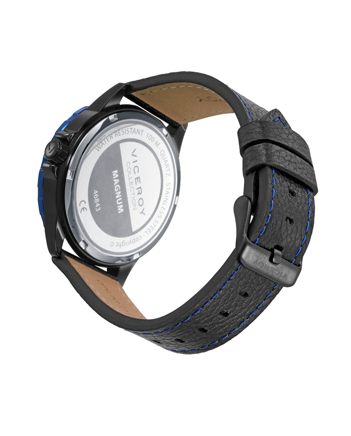 Viceroy Reloj Caja De Acero Bitono En Ip Negro Y Azul Con Bisel De Aluminio Negro 10 Atm Y Correa De Piel Negra Con Movimiento Cuarzo