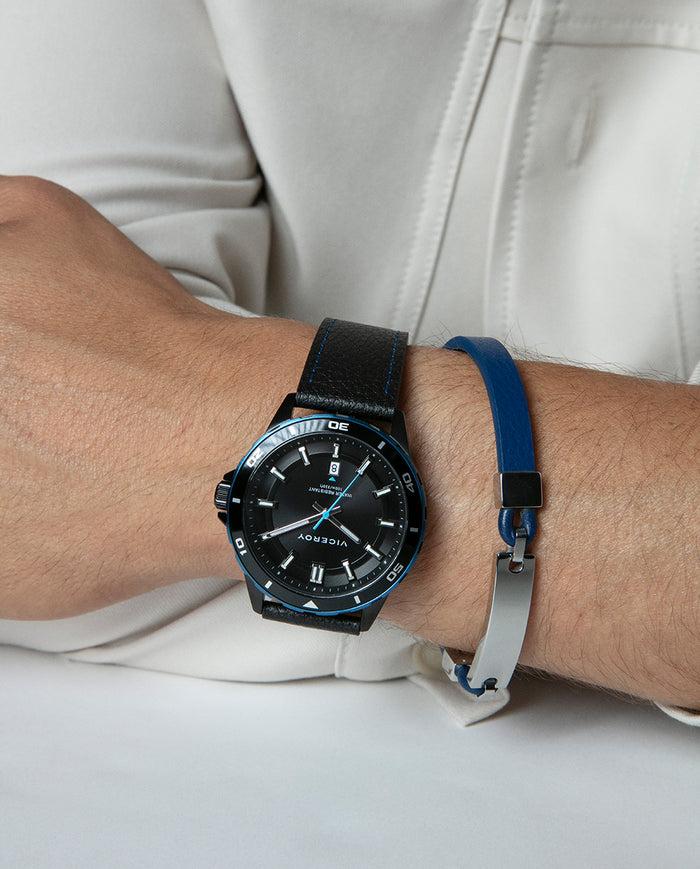 Viceroy Reloj Caja De Acero Bitono En Ip Negro Y Azul Con Bisel De Aluminio Negro 10 Atm Y Correa De Piel Negra Con Movimiento Cuarzo