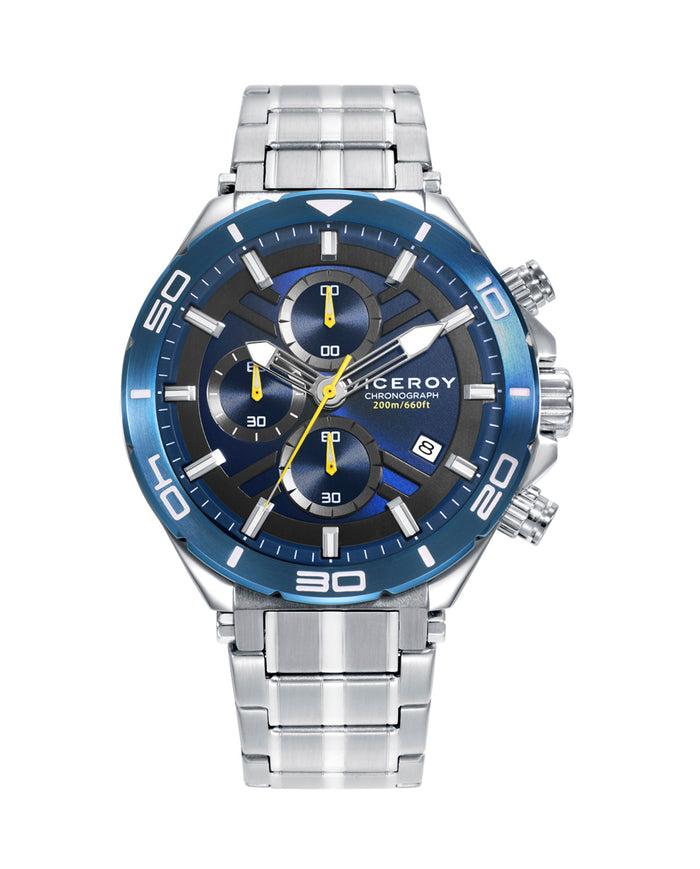 viceroy Reloj caja de acero con bisel azul 20 atm y brazalete de acero con movimiento cuarzo