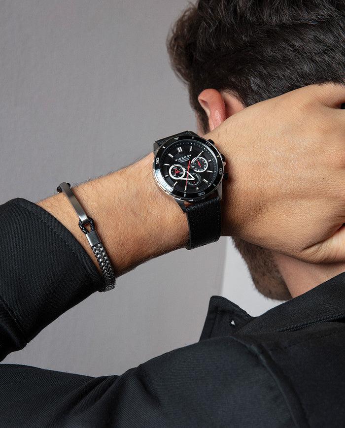 Viceroy Reloj Caja De Acero Con Bisel De Aluminio Negro 10 Atm Y Correa De Piel Negra Con Movimiento Cuarzo