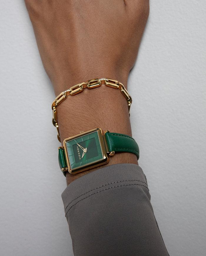 Viceroy Reloj Caja De Acero Ip Dorado Y Correa De Piel Verde Con Movimiento Cuarzo