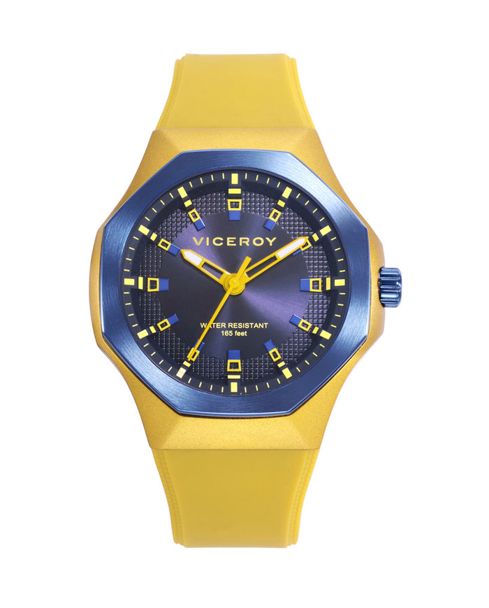 viceroy Reloj caja de aluminio amarillo con bisel de acero Ip azul 5 atm correa de silicona amarilla movimiento de cuarzo