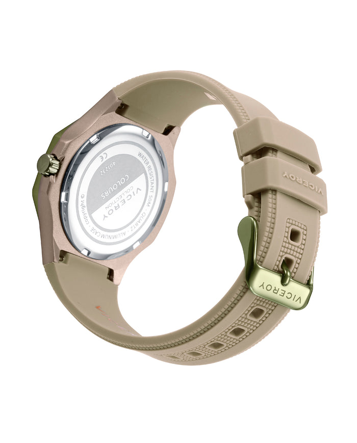 Viceroy Reloj Caja De Aluminio Beige Con Bisel De Acero Ip Verde 5 Atm Correa De Silicona Beige Movimiento De Cuarzo