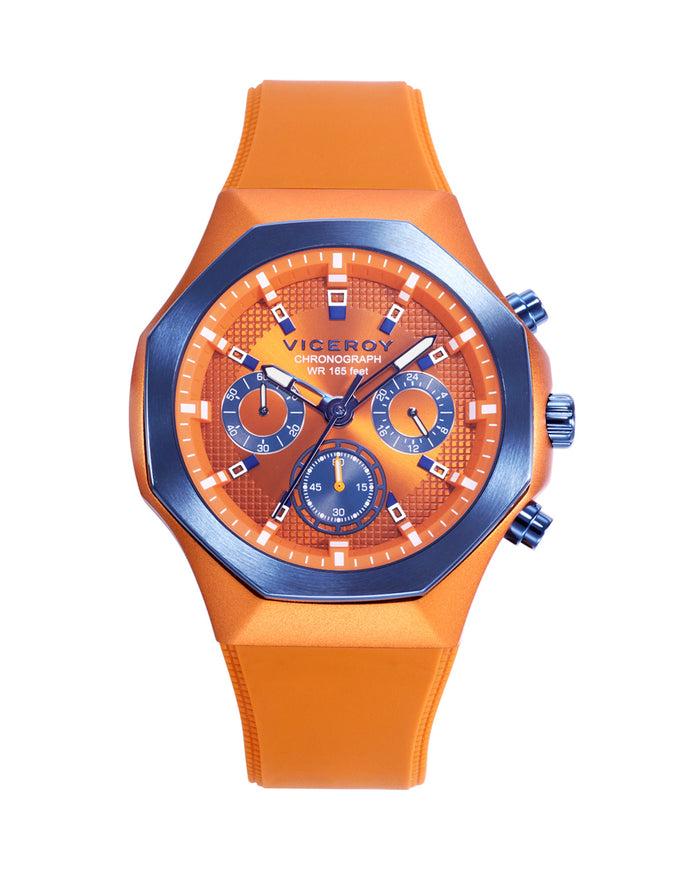 viceroy Reloj caja de aluminio naranja con bisel de acero Ip azul 5 atm correa de silicona naranja movimiento de cuarzo