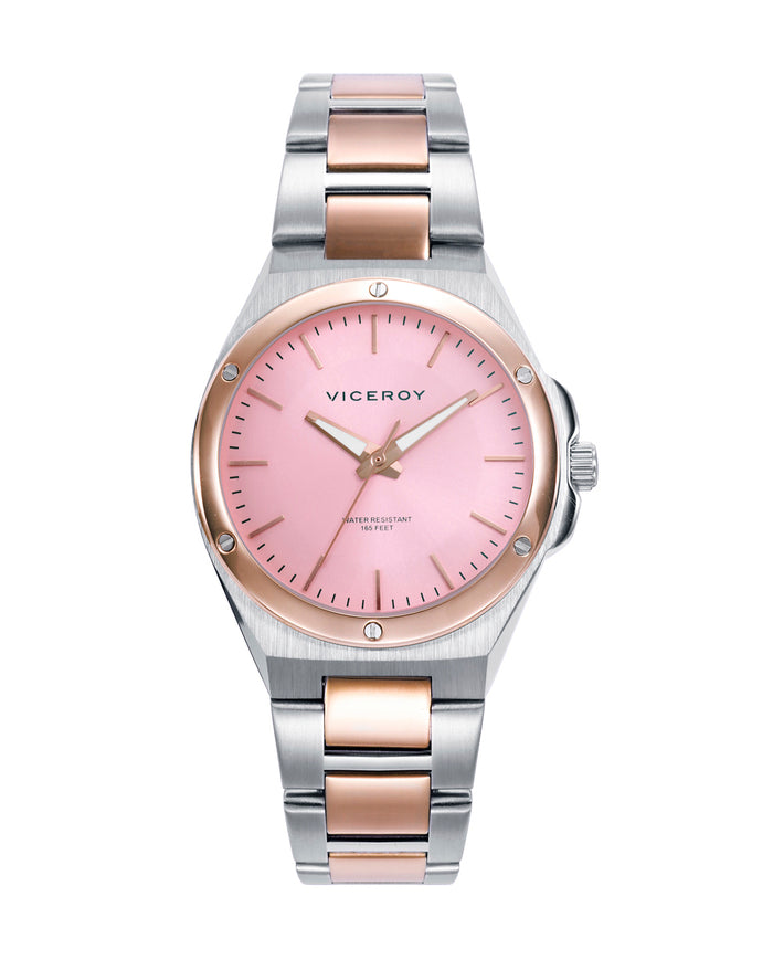 viceroy Reloj de acero bicolor con esfera rosa y movimiento de cuarzo
