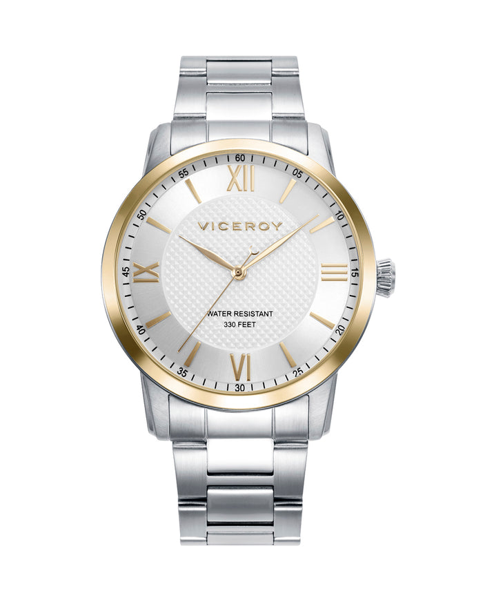 viceroy Reloj de acero con esfera blanca de números romanos y bisel dorado